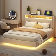 Kárpitozott ágy 140x200 cm LED USB franciaágy len bézs
