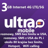 Karta SIM Ultra Mobile/T-mobile USA, 3 GB rozmowy, SMS, USA i do PL, 30 dni