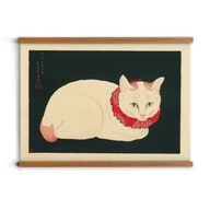 Biela mačka japonská grafika v rámčeku A3 pre spálňu
