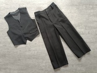 Wizytowy czarny komplet garnitur w paski długie spodnie + kamizelka 104/110