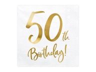 Servítky k 50 narodeninám biele so zlatým nápisom metalizované 33x33/20 ks
