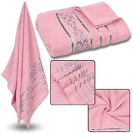 Ružový bavlnený uterák s ozdobnou výšivkou, sivá výšivka 70x135 cm x1