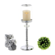 Srebrny świecznik metalowy z szklanym kloszem GLAMOUR nowoczesny lampion