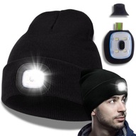 CZAPKA ZIMOWA OCIEPLANA Z LATARKĄ CZOŁOWĄ LED ŁADOWANA USB CZARNA SPORTOWA