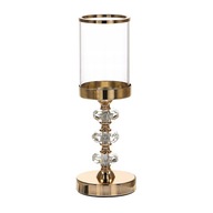 Świecznik złoty metalowy glamour z szklanym kloszem nowoczesny kryształowy