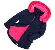 Kabát zimná bunda tmavo modrá ružová teplá kožušina 140