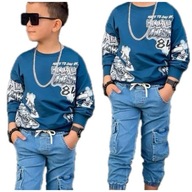 122-128 Komplet chłopięcy bluza granatowa spodnie jeans bojówki