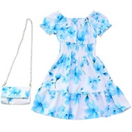 Sukienka dziewczęca rozkloszowana krótki rękaw kwiaty torebka niebieska 10L