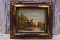 Pasenie dobytka - Kravy - Sielski Krajina - Nádherný olejomaľba - Zlatý rám