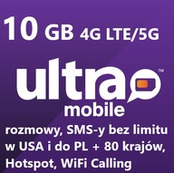 Karta SIM Ultra Mobile/T-mobile USA, 10GB rozmowy, SMS, USA i do PL, 30 dni