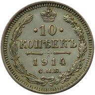 Rosja, Mikołaj II, 10 kopiejek 1914 WS, stan 3+