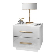 Nočný stolík LINA LUX biely s doskou v lesku LED úchyty zlatý mat