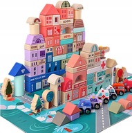 Drewniane Edukacyjne Klocki Miasto 115 Elementów - Zabawka dla Dzieci