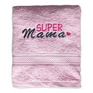 Miękki ręcznik kąpielowy z haftem SUPER MAMA - różowy - prezent Dzień Matki
