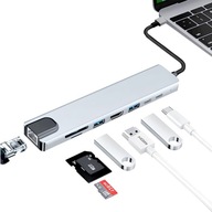HUB adapter rozdzielacz USB-C do laptopa 8w1 USB 3.0 HDMI 4K LAN alu 100W