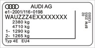 Naklejka tabliczka znamionowa identyfikacyjna AUDI