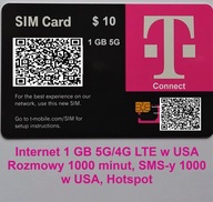 e SIM USA T-mobile, Internet 4G/5G 1 GB, rozmowy, SMS w USA, 1000 minut