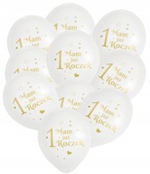 Balony BIAŁE złoty napis 1 MAM JUŻ ROCZEK na urodziny serduszka 30cm 10szt