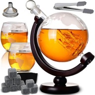 WHISKY KÉSZLET KARAFKA GLOBUS 2X POHÁR KOCKA FOGÓ 850 ml AJÁNDÉK