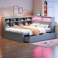 Összecsukható kanapé 140*200cm Ágy dupla fiókos polc USB LED szürke