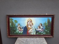 Stary obraz oleodruk Matka Boska z Dzieciątkiem anioły 132x65cm