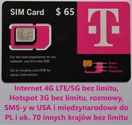 SIM USA T-mobile, plan $ 65, Internet, rozmowy, SMS bez limitu + PL Hotspot