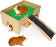 Hörcsög tengerimalac házikó tömör fából, rámpával és 3 bejárattal