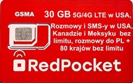 SIM USA Red Pocket - AT&T, Kanada/Meksyk 30 GB 4G LTE/5G, rozmowy do PL