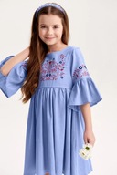 Sukienka z haftem dziewczęca niebieska króliczki len bawełna 134