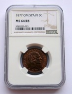 NGC MS64 RB MAX JEDYNA HISZPANIA 5 CENT 1877 OM