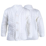 Biały sweterek chłopięcy, rozpinany warkocz v-neck "serek" 68 komunia chrze