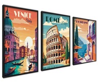 SADA 3 PLAGÁTY Vintage Retro Taliansko farebné grafiky Rím Benátky
