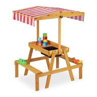 Stolik z ławką dla dziecka drewniany Relaxdays ZESTAW OGRODOWY daszek