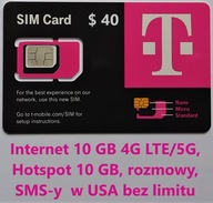 SIM USA T-mobile 10 GB, 4G LTE/5G, rozmowy, SMS-y e USA bez limitu, Hotspot