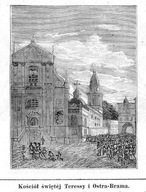 Wilno. Kościół św. Teressy i Ostra Brama, drzeworyt 1876