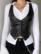 PU Leather Vest Vintage Women Sleeveless V Neck Bu