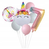 Sada balónov UNICORN jednorožec 7. narodeniny číslica sedem dúhové hélium ruží