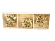 Zlaté ozdoby na vianočný stromček v drevenej krabičke (metaloplastika)