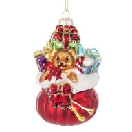Vianočná Guľa sklenený medvedík vo vreci s darčekmi