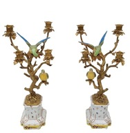 Dva svietniky - Porcelán + Bronz - Art Deco - Papagáje Kanáriky na Vetve