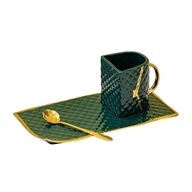 Modny zestaw filiżanek i spodków do kawy w kolorze złotym, modelujący, ceramiczny zielony