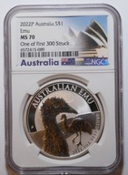 Australia 1 dolar 2022 Emu MS 70 (jedna z 300)