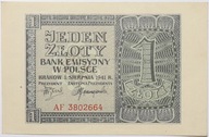 Banknot 1 Złotych 1941 rok - Seria AF