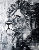 Duży obraz olejny ręcznie malowany czarno biały lew kot do salonu loft nowy
