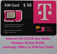 SIM USA T-mobile, Internet 4G/5G, HS, rozmowy, SMS w USA bez limitu, 50 $