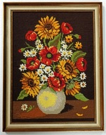 Stylowy Obraz Tkany Gobelin Kwiaty w Wazonie Złota Rama 84 x 64 cm