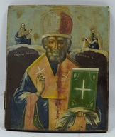 XIX w. Stara Ikona "Święty Mikołaj" Olej 27x22cm