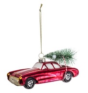 Vianočná Guľa sklenené červené auto s vianočným stromčekom tvarovka