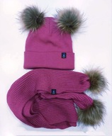 Komplet dla dziewczynki czapka i szalik z pomponami z futerka fuksja 58-60