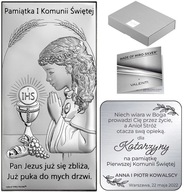 Srebrny obrazek na pamiątkę I Komunii Świętej dla dziewczynki 5x10 cm